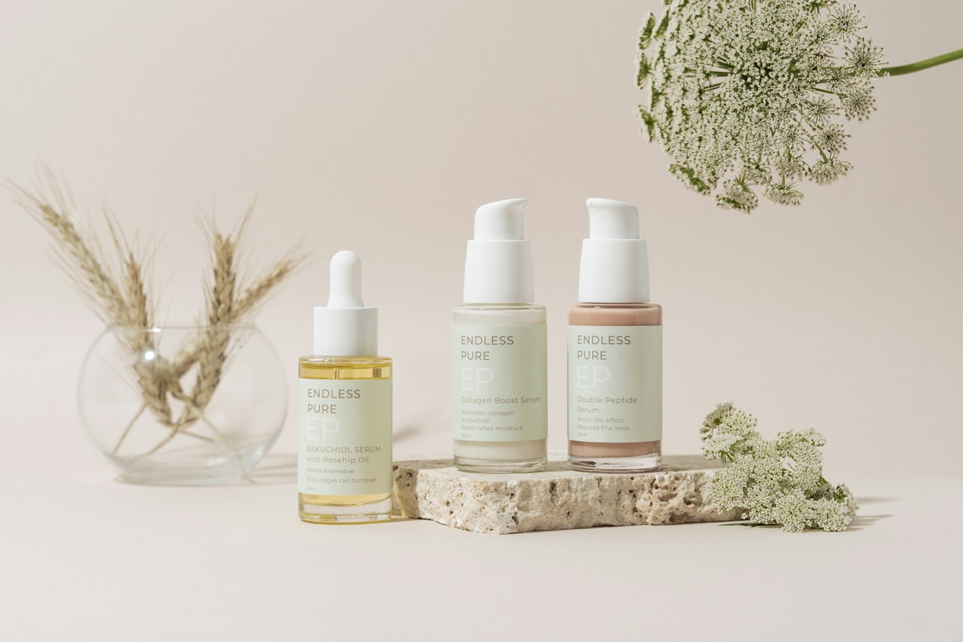 Skincare bottles styled for a product catalogue